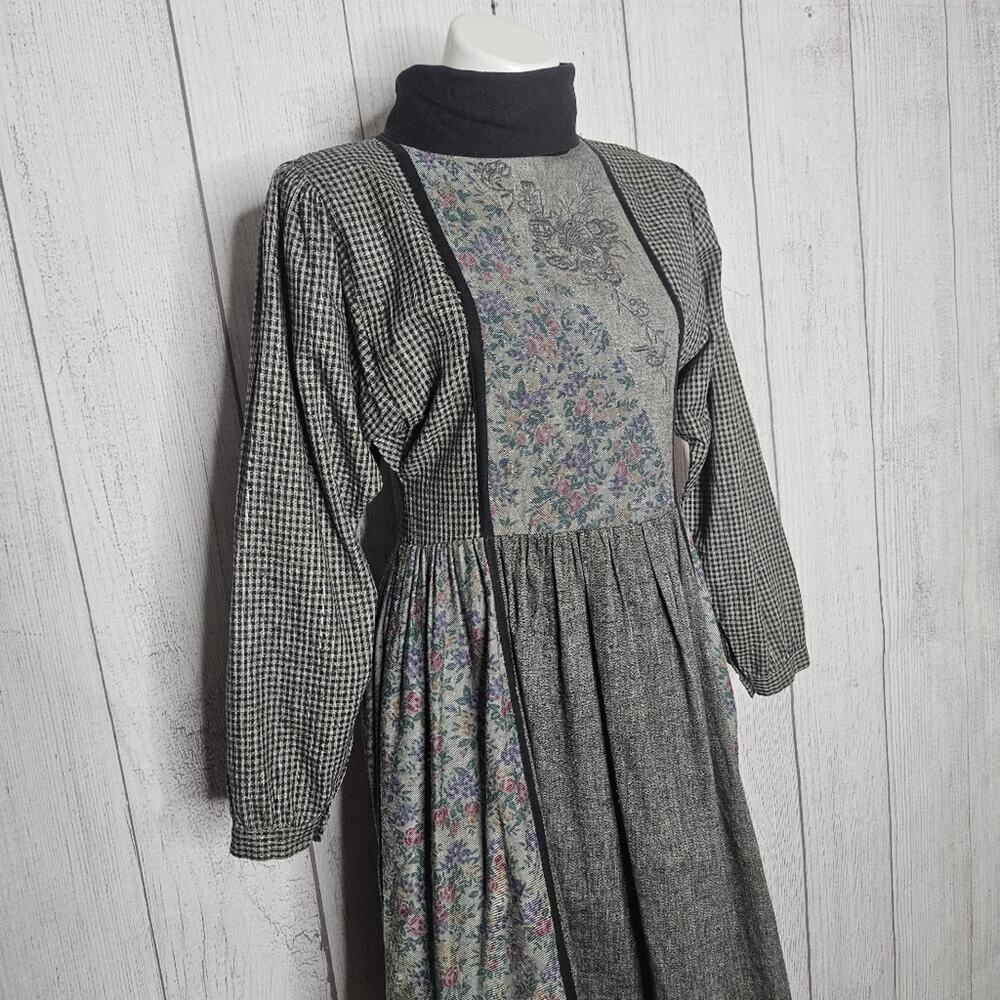 VTG 70s Phool Plaid Floral Embroidered India Rayon Prairie Dress, sz Small - Picture 2 of 8
